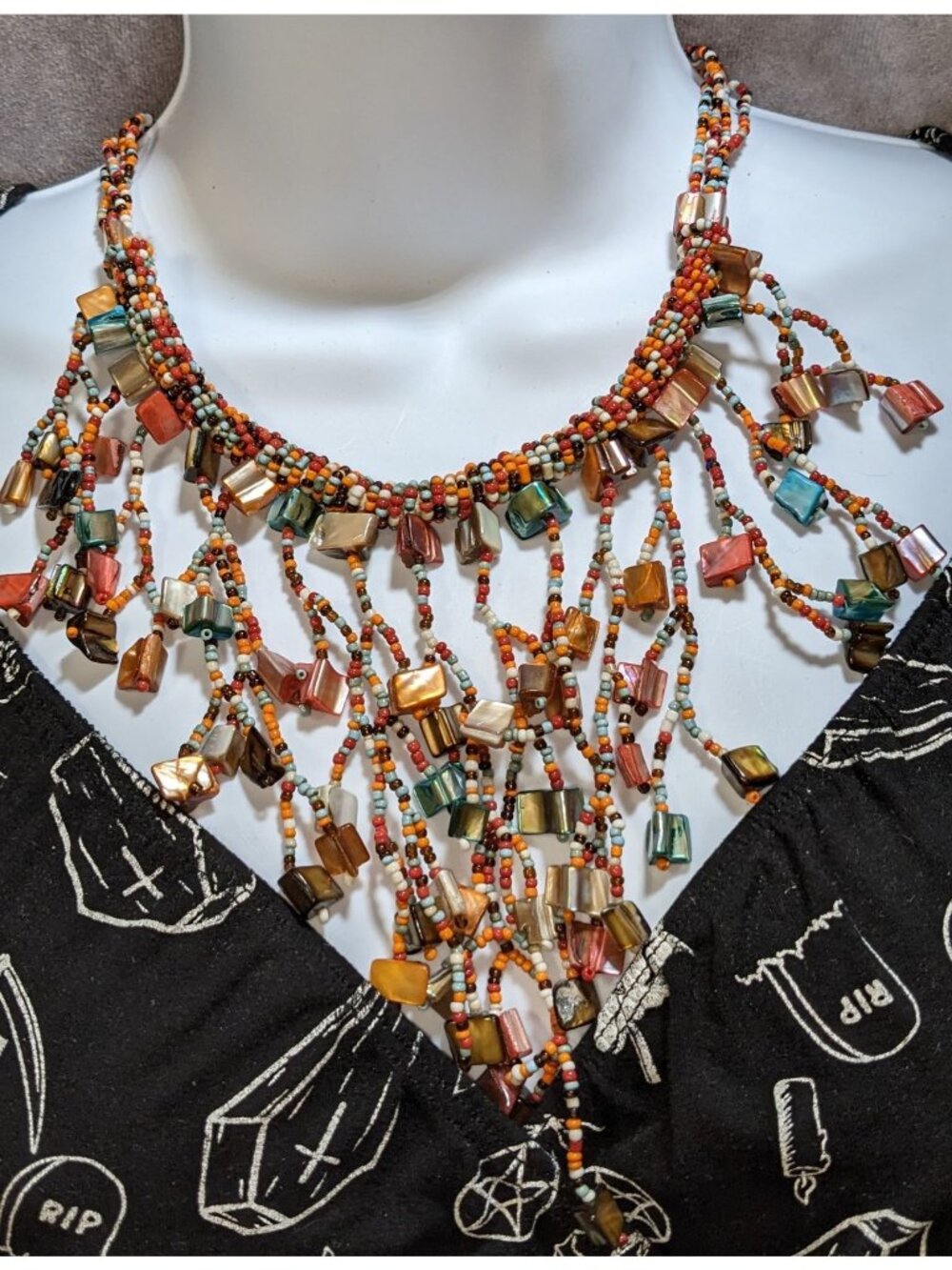 Vintage Rainbow Glass Shell Beaded Fringe Necklace Boho Hippie Festival Beach